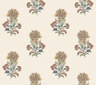 A close-up view of the Sellans wallpaper swatch from the Crown Provence collection. The pattern features an elegant, repeating Indian block-print inspired floral motif arranged in a staggered, half-drop layout. Each delicate botanical sprig showcases a prominent stylized blossom surrounded by smaller buds and detailed foliage in soft shades of yellow, blues, red, and sage green. The intricate design is set against a clean, warm cream background, offering a serene, traditional aesthetic.