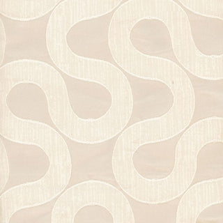 Patterned wallpaper with wavy, interlocking shapes on a light beige background