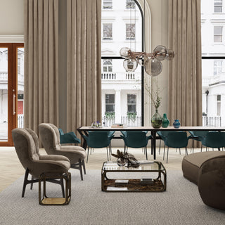 JF Fabric Tonic Fabric Collection used in this Modern dining room with a large window, stylish chairs, and a dining table.