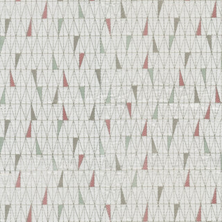 JF Fabrics St. Tropez fabric collection. A close-up view of a geometric triangle design in blush pink and spa blue colors
