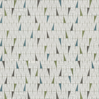 JF Fabrics St. Tropez fabric collection. A close-up view of a geometric triangle design in teal blue and olive green on a white background colors