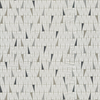 JF Fabrics St. Tropez fabric collection. A close-up view of a geometric triangle design in grey, black on a white background colors