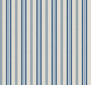 Crown’s Provence Toulon wallpaper features elegant vertical stripes in varied widths, blending darker blue and lighter blue, cream, and off‑white tones with a subtly textured, fabric‑like finish. The balanced, classic stripe design creates a calm, tailored look with gentle contrast and refined symmetry, evoking a timeless French country aesthetic suitable for both traditional and modern interiors.