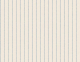 A close-up view of the Tourves wallpaper swatch from the Crown Provence collection. The pattern features thin, delicate vertical ticking stripes in a classic French blue color, evenly spaced across the surface. The background is a soft, off-white or light cream linen-textured fabric look, showing a subtle faux-weave that adds depth and warmth to the design. The overall aesthetic is a clean, timeless country cottage style, perfect for creating a bright, elegant, and traditional interior space.
