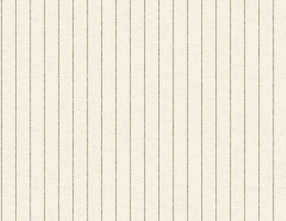 A close-up view of the Tourves wallpaper swatch from the Crown Provence collection. The pattern features thin, delicate vertical ticking stripes in a classic taupe color, evenly spaced across the surface. The background is a soft, off-white or light cream linen-textured fabric look, showing a subtle faux-weave that adds depth and warmth to the design. The overall aesthetic is a clean, timeless country cottage style, perfect for creating a bright, elegant, and traditional interior space.