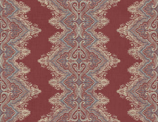 A wallpaper swatch from Crown’s Provence collection featuring the Valensole pattern, with an ornate, symmetrical design of paisley‑inspired motifs, floral details, and scrolling shapes arranged in a vertical zigzag layout. Deep red tones blend with light blue accents, creating a rich, woven look that evokes the elegance and texture of traditional decorative textiles.
