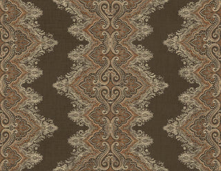 A wallpaper swatch from Crown’s Provence collection featuring the Valensole pattern, with an ornate, symmetrical design of paisley‑inspired motifs, floral details, and scrolling shapes arranged in a vertical zigzag layout. beiges tones blend with brown‑gold accents, creating a rich, woven look that evokes the elegance and texture of traditional decorative textiles.