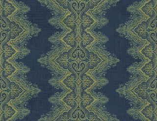 A wallpaper swatch from Crown’s Provence collection featuring the Valensole pattern, with an ornate, symmetrical design of paisley‑inspired motifs, floral details, and scrolling shapes arranged in a vertical zigzag layout. Deep blue tones blend with green‑gold accents, creating a rich, woven look that evokes the elegance and texture of traditional decorative textiles.