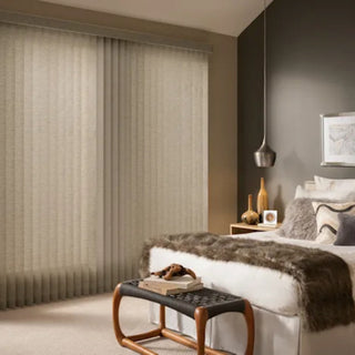 Modern bedroom with textured  Alta window blinds and a bench.