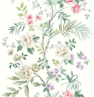 Close-up swatch of Crown's Chinoiserie collection wallpaper in the Chaehwa Branch pattern. Set against a clean, crisp white background, the delicate design features climbing botanical branches rendered in soft watercolor tones. The branches bear lush white and soft pink peony-like blossoms, clusters of small purple and pink accent flowers, and fresh sage green foliage. A mix of rounded leaves and slender palm-like fronds completes this light, airy, and elegant feminine floral trail.