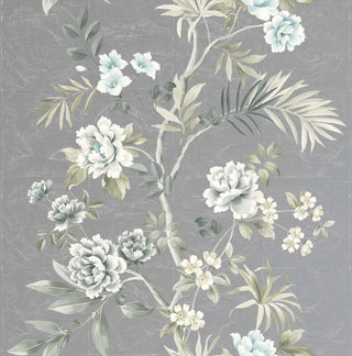 Close-up swatch of Crown's Chinoiserie collection wallpaper in the Chaehwa Branch pattern. Set against a clean, soft grey background, the delicate design features climbing botanical branches rendered in soft watercolor tones. The branches bear lush white and soft blue peony-like blossoms and fresh sage green foliage. A mix of rounded leaves and slender palm-like fronds completes this light, airy, and elegant feminine floral trail.