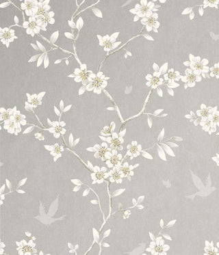 Close-up swatch of Crown's Chinoiserie collection wallpaper in the Hanami Trail pattern. Set against a clean, light grey background, the minimal and elegant design features a delicate cherry blossom or plum blossom branch curling gracefully across the scene. The slender, light brown branch is dotted with tiny budding twigs and beautiful stylized blossoms featuring soft white petals and yellow centers. The sparse placement creates a classic, serene, and modern botanical aesthetic.