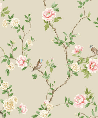 A wallpaper swatch from Crown’s Chinoiserie collection featuring the Jangmi Trail pattern, with slender branches carrying green leaves and soft pink and cream flowers. Two small birds perch among the blooms, adding charm to the design. Set against a light beige background, the composition feels delicate, elegant, and nature‑inspired with a refined botanical style