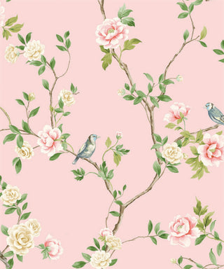 A wallpaper swatch from Crown’s Chinoiserie collection featuring the Jangmi Trail pattern, with slender branches carrying green leaves and soft pink and cream flowers. Two small birds perch among the blooms, adding charm to the design. Set against a light pink background, the composition feels delicate, elegant, and nature‑inspired with a refined botanical style