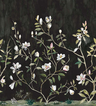 A wallpaper swatch from Crown’s Chinoiserie collection featuring the Kaiyu Dogwood Mural, with flowering branches rising against a soft muted grey and green background. White and pink blossoms, green leaves, and small buds create a serene botanical scene. Subtle painted texture and low foliage at the base add depth, giving the design an elegant, natural, hand‑crafted feel