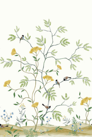 A wallpaper swatch from Crown’s Chinoiserie collection featuring the Mokusel Branch Mural, with slender winding branches covered in light green leaves and soft yellow blossoms. Small brown‑and‑yellow birds perch along the branches, adding movement and charm. At the base, delicate plants and stylized blue‑green ground details create a serene, airy botanical scene with an elegant hand‑painted feel.