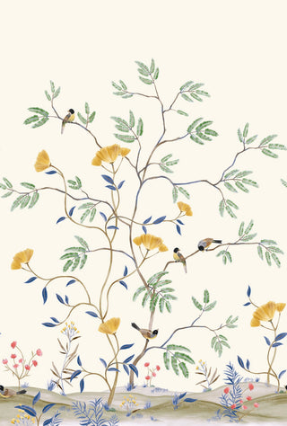 A wallpaper swatch from Crown’s Chinoiserie collection featuring the Mokusel Branch Mural, with slender winding branches covered in light green and blue leaves and soft yellow blossoms. Small brown‑and‑yellow birds perch along the branches, adding movement and charm. At the base, delicate plants and stylized blue‑green ground details create a serene, airy botanical scene with an elegant hand‑painted feel.