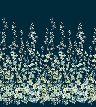 A wallpaper swatch from Crown’s Chinoiserie collection featuring the Sakura Bloom Mural, with slender vertical branches adorned with small blossoms in soft tones of yellow, white, and blue. The flowers and leaves form a delicate repeating pattern on a blue background, creating an elegant, airy botanical design with a refined, hand‑drawn feel.