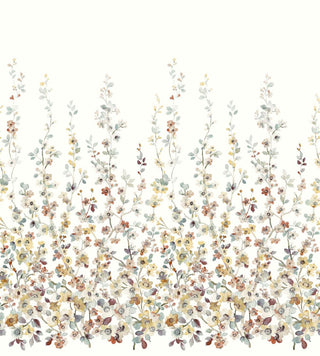 A wallpaper swatch from Crown’s Chinoiserie collection featuring the Sakura Bloom Mural, with slender vertical branches adorned with small blossoms in soft tones of yellow, pink, brown, and blue. The flowers and leaves form a delicate repeating pattern on a light background, creating an elegant, airy botanical design with a refined, hand‑drawn feel.