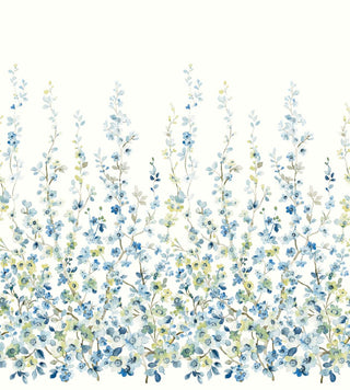 A wallpaper swatch from Crown’s Chinoiserie collection featuring the Sakura Bloom Mural, with slender vertical branches adorned with small blossoms in soft tones of yellow, and blue. The flowers and leaves form a delicate repeating pattern on a light background, creating an elegant, airy botanical design with a refined, hand‑drawn feel.