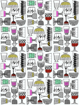 Crown Marimekko wallpaper with a whimsical mid-century pattern of illustrated glassware. Hand-drawn goblets, bowls, and cups in black line art feature geometric fills and playful pops of pink, yellow, teal, and red on a clean white backdrop.