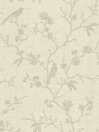 Close-up swatch of Crown's Chinoiserie collection wallpaper in the Yuye Silhouette pattern. The monochrome design features a textured, light beige background with a subtle, fabric-like linen weave texture. Elegant, branching silhouette trails spread across the canvas in a muted beige tone. The branches are detailed with delicate leaves, stylized blossoms, and small perched songbirds, creating a clean, classic, and understated botanical aesthetic perfect for a timeless room design.