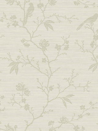 Close-up swatch of Crown's Chinoiserie collection wallpaper in the Yuye Silhouette pattern. The monochrome design features a textured, off-white background with a subtle, fabric-like linen weave texture. Elegant, branching silhouette trails spread across the canvas in a muted green tone. The branches are detailed with delicate leaves, stylized blossoms, and small perched songbirds, creating a clean, classic, and understated botanical aesthetic perfect for a timeless room design.