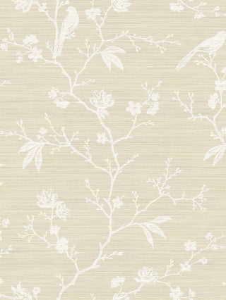 Close-up swatch of Crown's Chinoiserie collection wallpaper in the Yuye Silhouette pattern. The monochrome design features a textured, beige background with a subtle, fabric-like linen weave texture. Elegant, branching silhouette trails spread across the canvas in a white. The branches are detailed with delicate leaves, stylized blossoms, and small perched songbirds, creating a clean, classic, and understated botanical aesthetic perfect for a timeless room design.