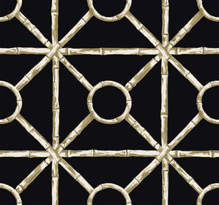Close-up swatch of Crown's Chinoiserie collection wallpaper in the Zhen Bamboo pattern. The geometric, structured design features a solid black background overlaid with a realistic bamboo trellis pattern. The faux-bamboo stalks form an open diamond and square grid interconnected by circular bamboo rings at the center intersections. Rendered in muted tones of cream, beige, and soft metallic gold, the stalks feature detailed nodes and texture, creating a classic, sophisticated Chinoiserie look.