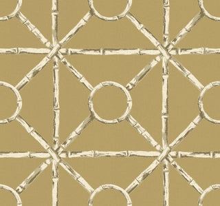 Crown's Chinoiserie collection wallpaper in the Zhen Bamboo pattern. The geometric, structured design features a solid beige background overlaid with a realistic bamboo trellis pattern. The faux-bamboo stalks form an open diamond and square grid interconnected by circular bamboo rings at the center intersections. Rendered in muted tones of cream, and beige, , the stalks feature detailed nodes and texture, creating a classic, sophisticated Chinoiserie look.